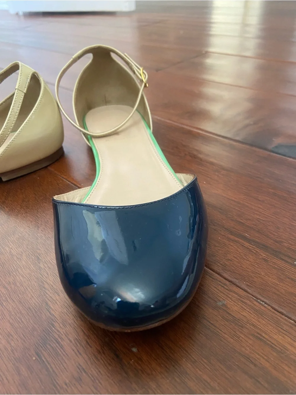 J. Crew Navy Patent D'Orsay Flats with Cream Ankle Strap